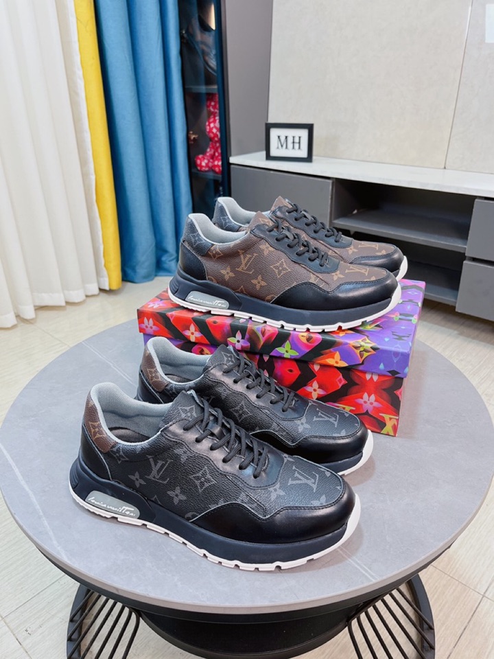 J0 LV男士休闲鞋鞋面选用牛皮压花网布透气内里真皮鞋垫舒适透气运动跑步鞋，鞋底：原版舒适耐磨大底，实物拍摄