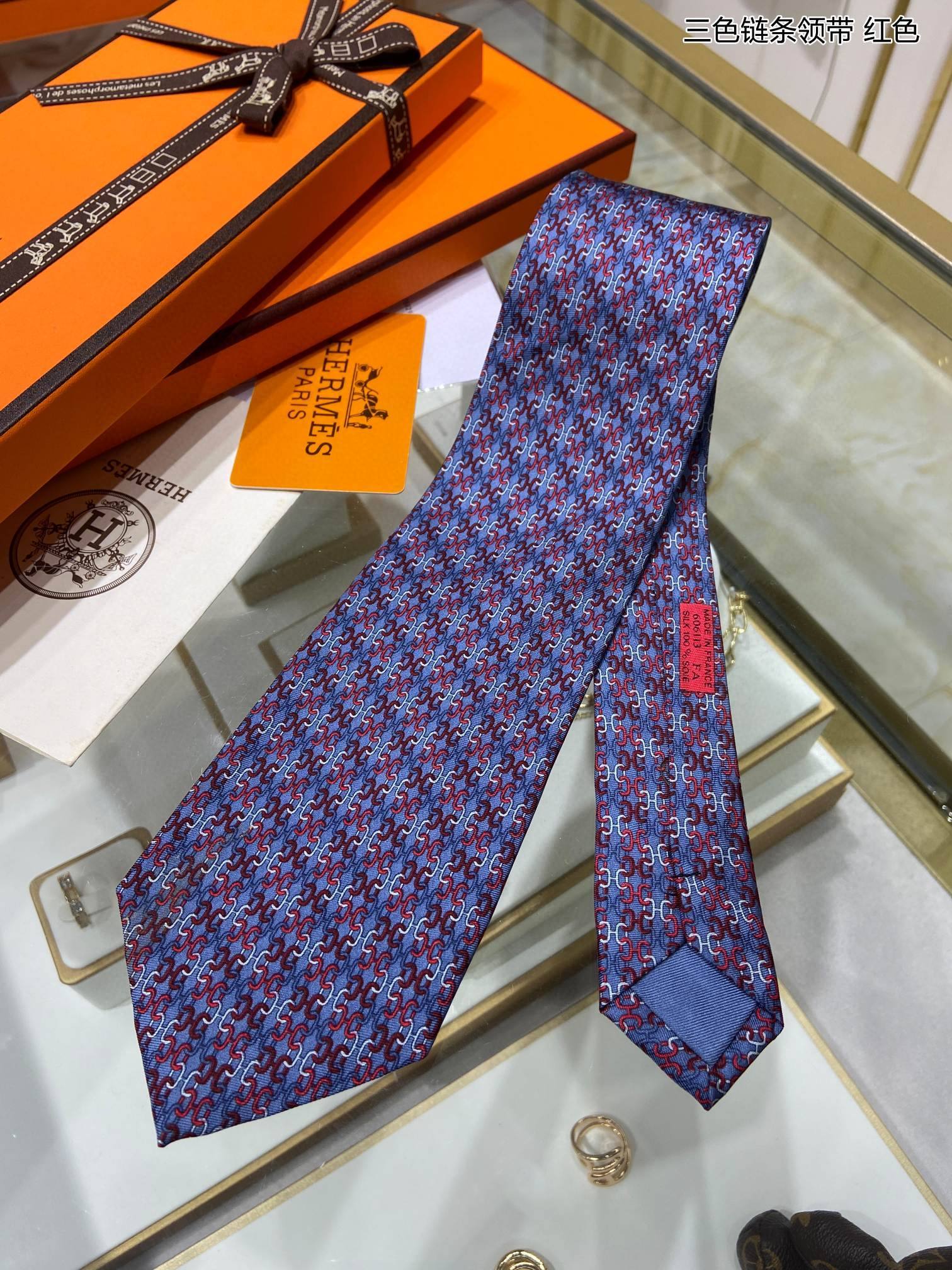 Hermes爱马仕100%顶级斜纹真丝+羊毛内里三色链条领带