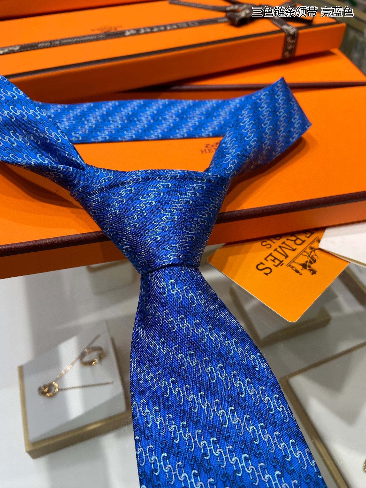 Hermes爱马仕100%顶级斜纹真丝+羊毛内里三色链条领带