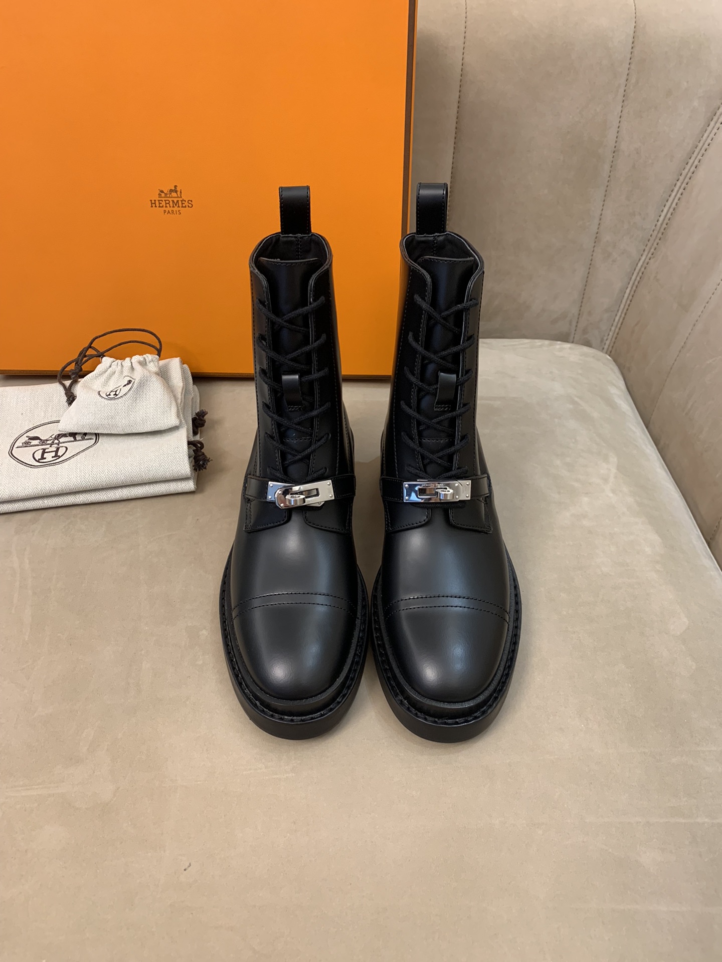 Hermes Kelly Martin Boots Black All Steel Genuine Leather TPU