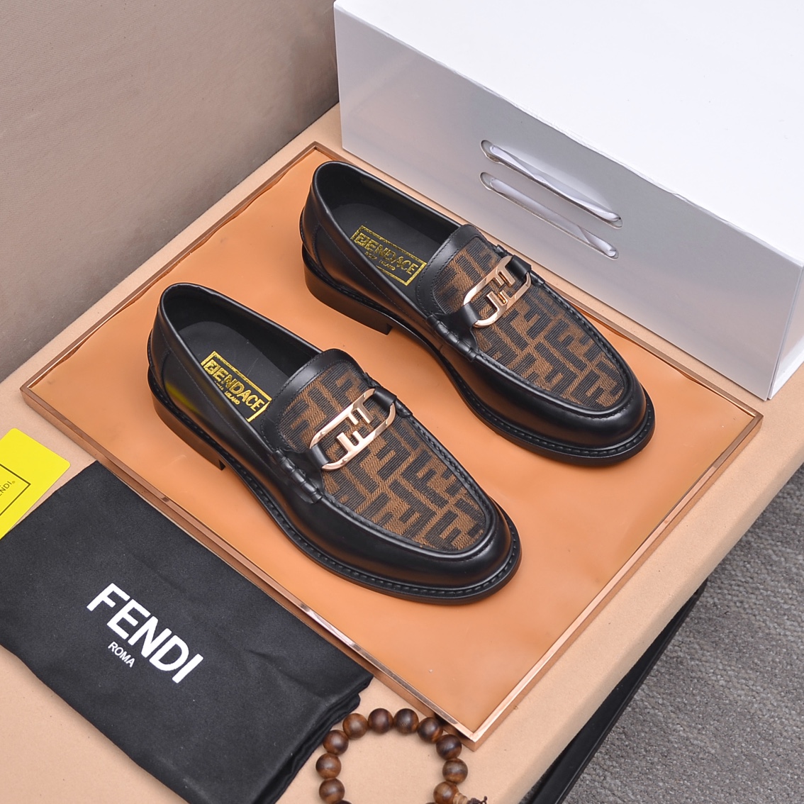 Fendi Men's Formal Leather Loafers with Iconic FF Pattern, Sizes 38-44