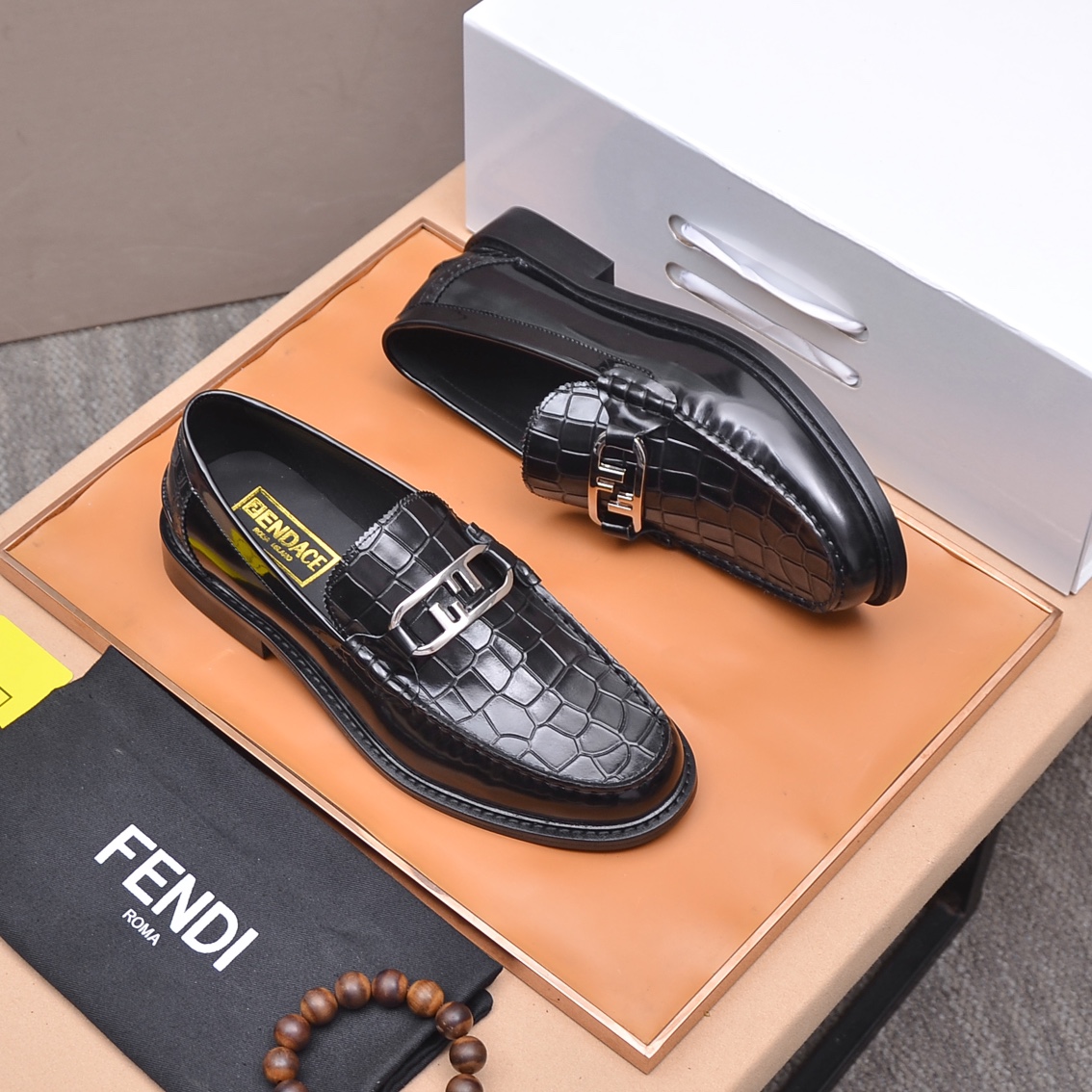 Fendi Men's Black Leather Croc Embossed Loafers with Metal Logo Buckle 3 i1663354100 3658 1