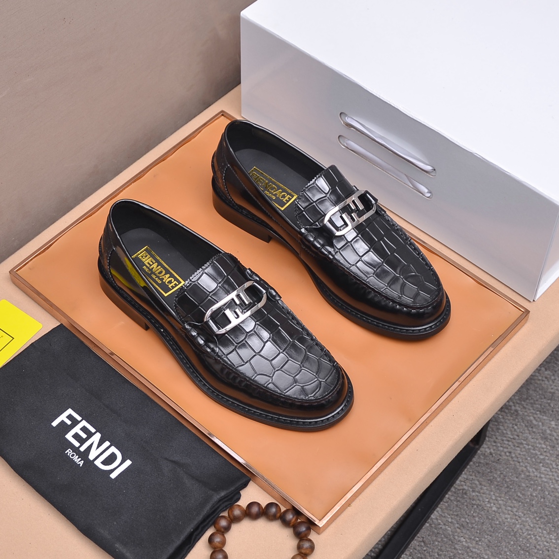 Fendi Men's Black Leather Croc Embossed Loafers with Metal Logo Buckle 2 i1663354100 4361 0