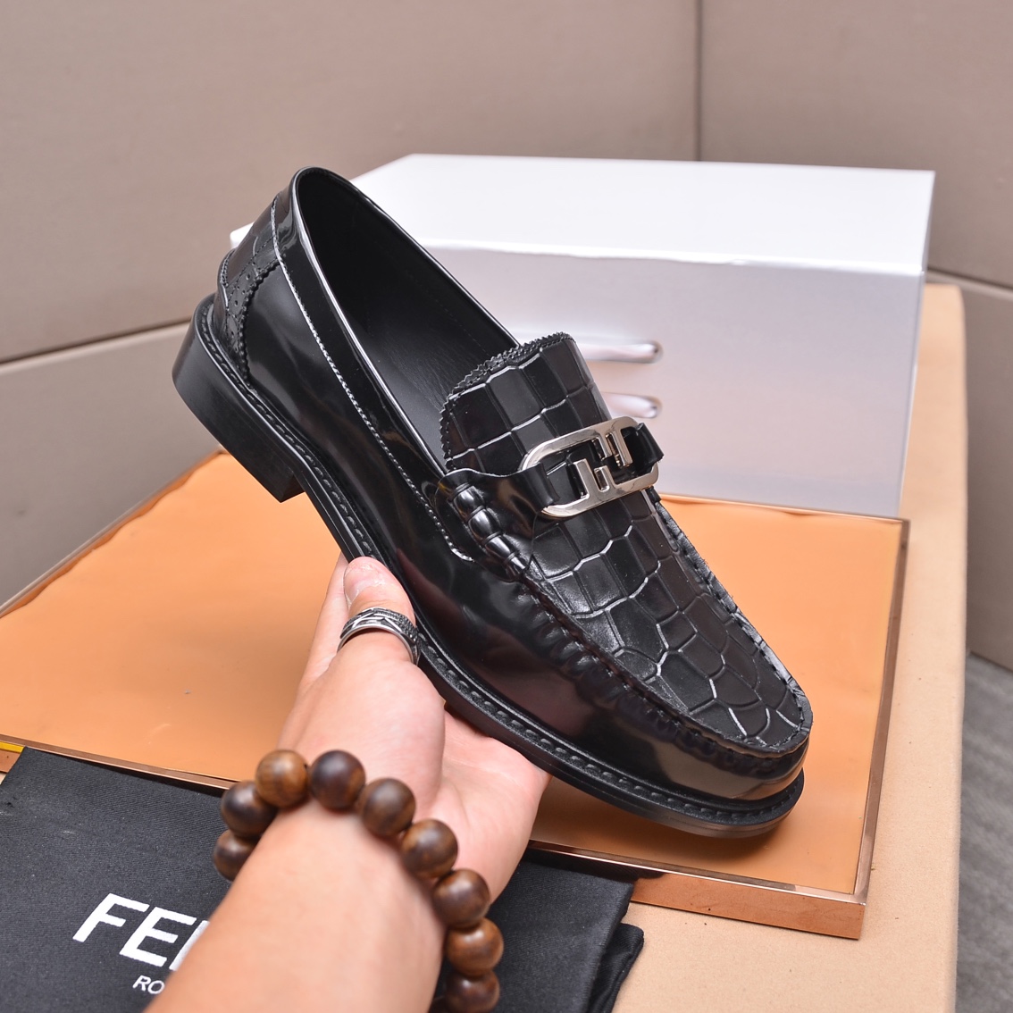 Fendi Men's Black Leather Croc Embossed Loafers with Metal Logo Buckle 6 i1663354100 7535 4