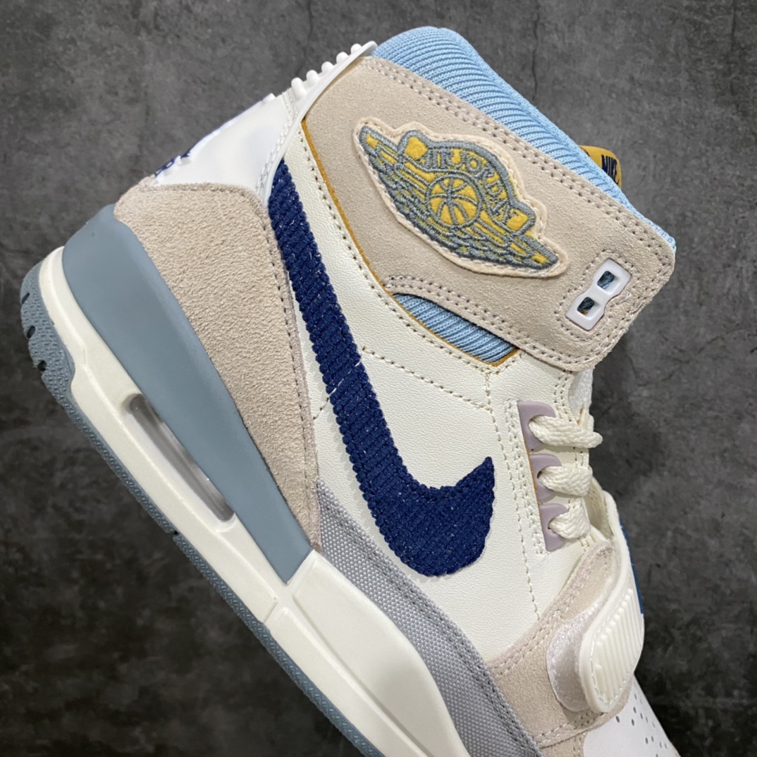 图片[7]-纯原版 Air Jordan Legacy AJ312 米白蓝 DQ5347-141 鞋身采用了皮革材质打造 横跨鞋面的魔术贴十分吸睛 侧面的Swoosh Logo的一部分被鞋面遮挡了一部分 颇具玩味 魔术贴上标有Nike标识 而鞋舌上是Jordan的经典红色飞翼Logo 后跟和鞋底均采用了Air Jordan 3 的设计 后跟上同样也使用了经典的爆裂纹图案 尺码：36 36.5 37.5 38 38.5 39 40 40.5 41 42 42.5 43 44 44.5 45 46-选品中心