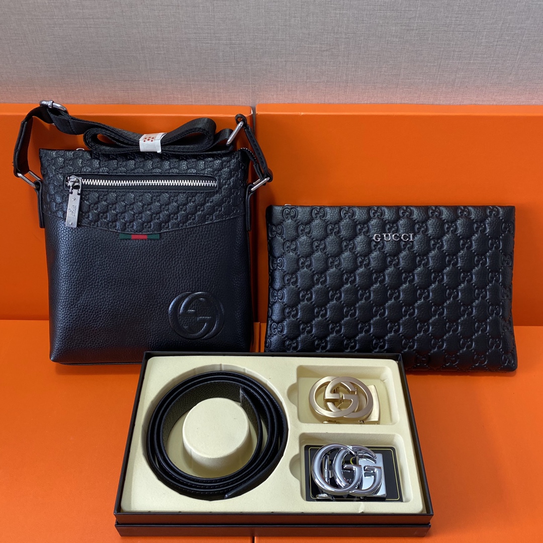 J0 古驰Gucci 头层皮质组合礼盒包装腰带俩款包包超级组合 公文包包是很实用的选择.手提包日常是非常适合的. 双扣皮带：头层皮质带身搭配3.5cm广州原版扣头 尺寸古驰斜挎包：长20cm宽4cm高22cm\r  古驰手提包：长26cm宽2cm高16cm