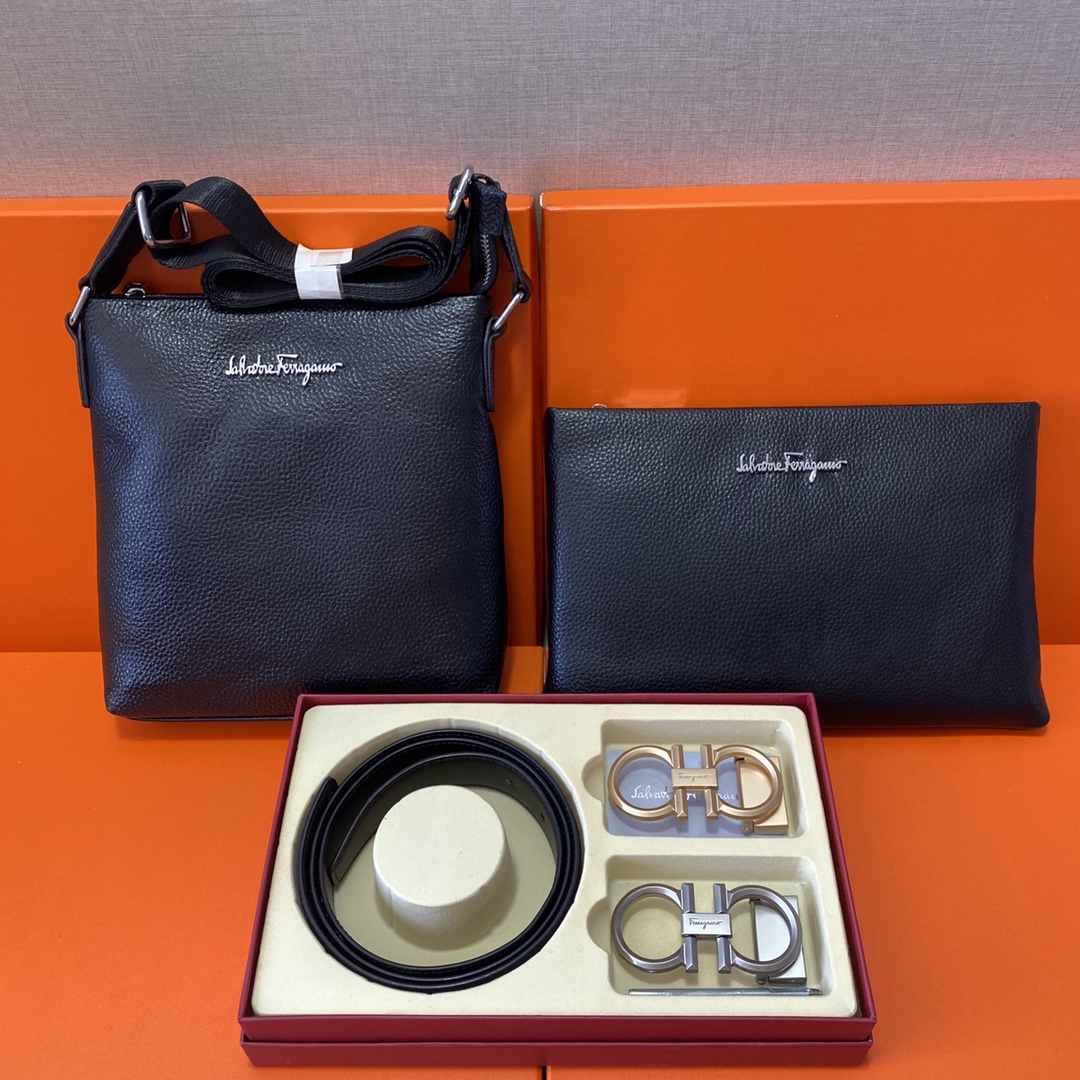 J0 Ferragamo 菲拉格慕  头层皮质组合礼盒包装腰带俩款包包超级组合 公文包包是很实用的选择.手提包日常是非常适合的. 双扣皮带：头层皮质带身搭配3.5cm广州原版扣 尺寸菲拉格慕斜挎包：长20cm宽4cm高22cm\r  菲拉格慕手提包：长26cm宽2cm高17cm