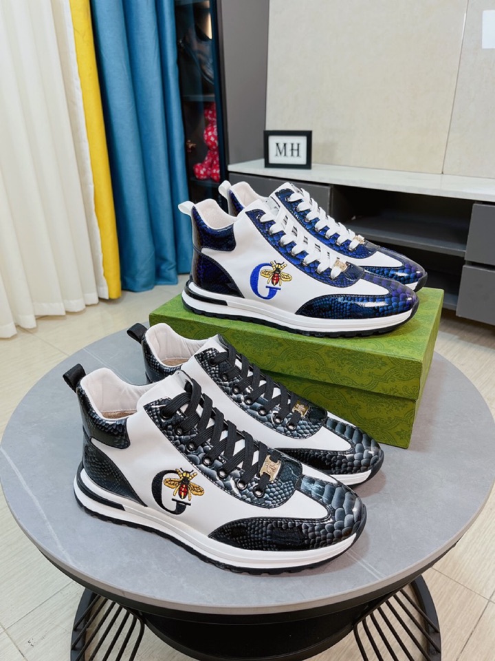 I5 绒里Gucci  古奇 高帮男鞋高端品牌，最新時尚休闲男鞋，潮流百搭之款，轻松运动风，鞋面意大利进口头层牛皮布料拼接搭配 真皮内里 加超精细做工。原版个性时尚橡胶耐磨大底，上脚轻巧舒适，码数38-44