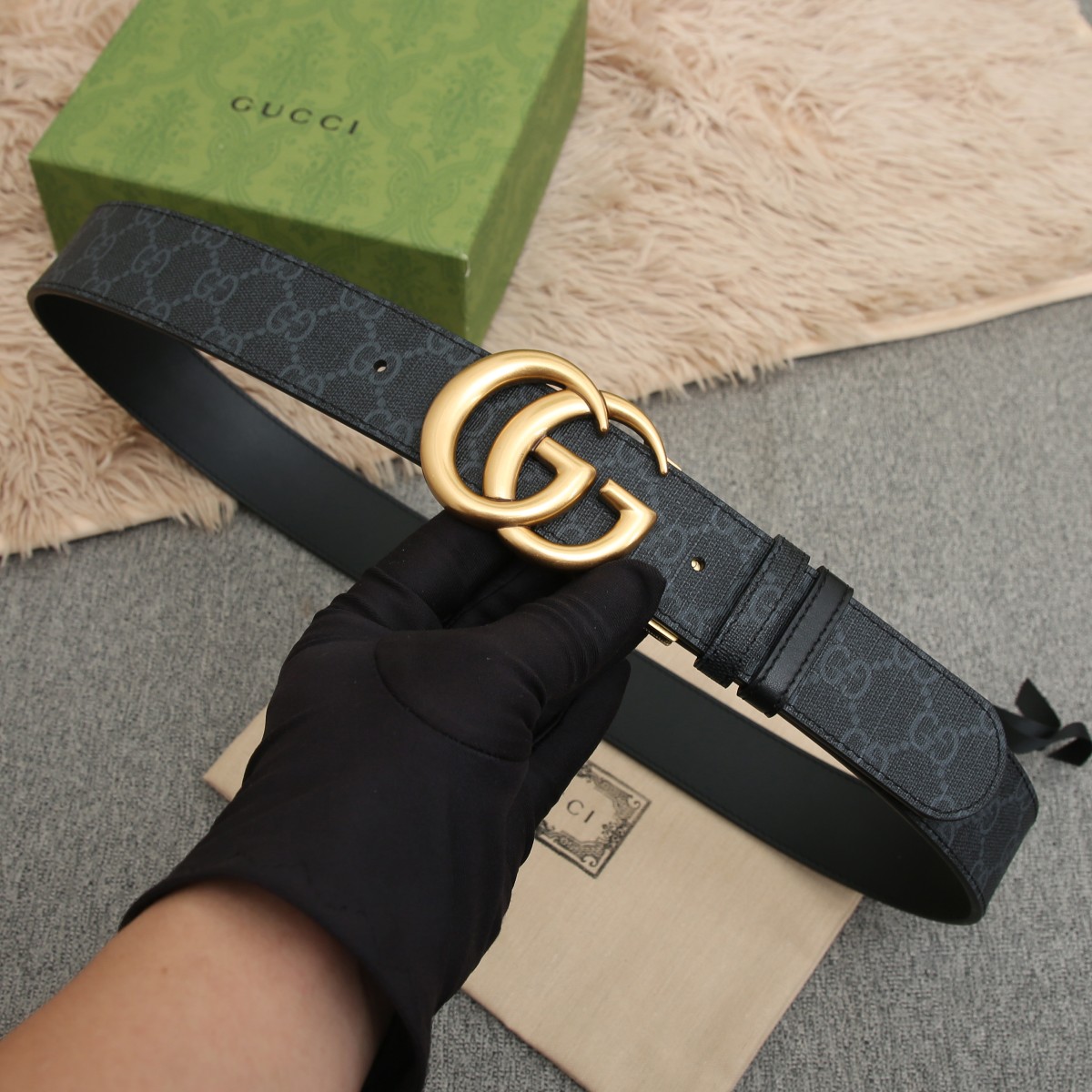 GUCCI.古驰全套包装 PVC面料搭配进口皮底 宽度3.8cm 复古GG旋转扣] 双面可用/可裁剪