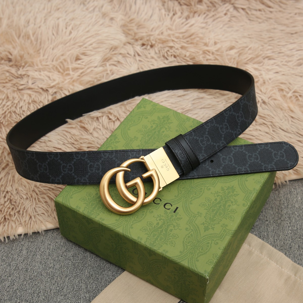 GUCCI.古驰全套包装 PVC面料搭配进口皮底 宽度3.8cm 复古GG旋转扣] 双面可用/可裁剪