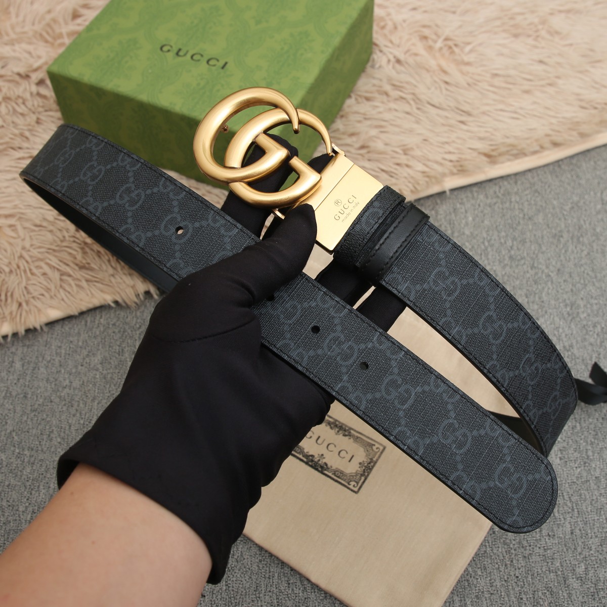 GUCCI.古驰全套包装 PVC面料搭配进口皮底 宽度3.8cm 复古GG旋转扣] 双面可用/可裁剪