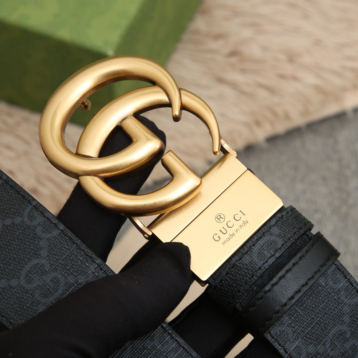 GUCCI.古驰全套包装 PVC面料搭配进口皮底 宽度3.8cm 复古GG旋转扣] 双面可用/可裁剪