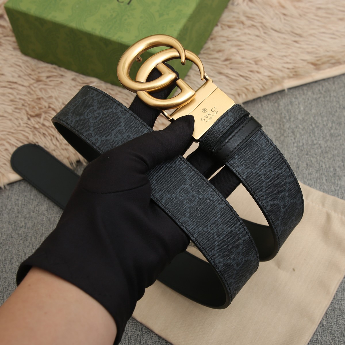 GUCCI.古驰全套包装 PVC面料搭配进口皮底 宽度3.8cm 复古GG旋转扣] 双面可用/可裁剪