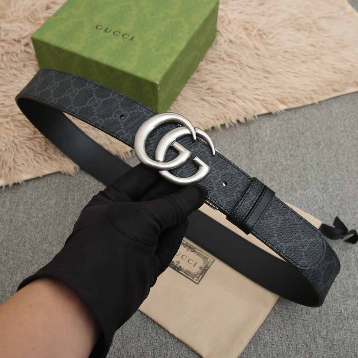 GUCCI.古驰全套包装 PVC面料搭配进口皮底 宽度3.8cm 复古GG旋转扣] 双面可用/可裁剪