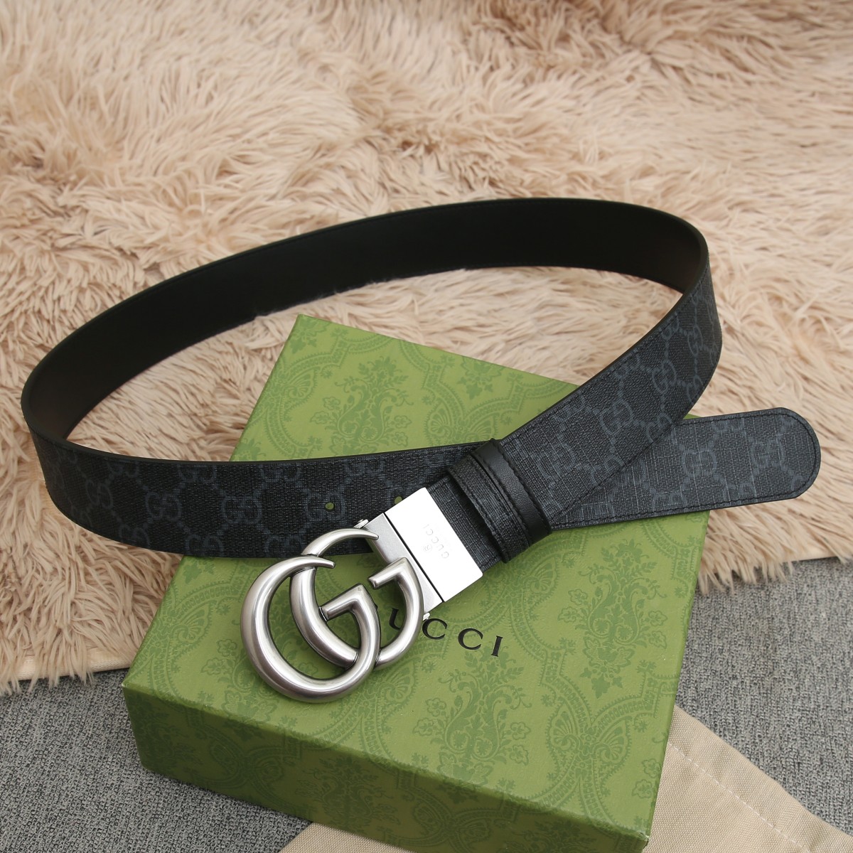 GUCCI.古驰全套包装 PVC面料搭配进口皮底 宽度3.8cm 复古GG旋转扣] 双面可用/可裁剪