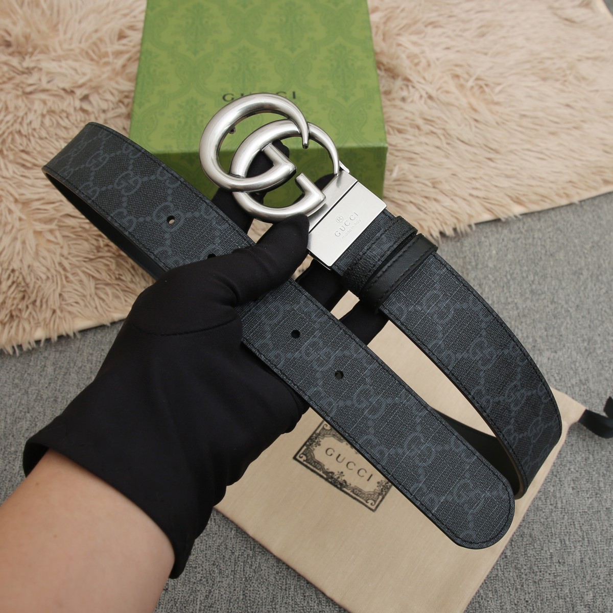 GUCCI.古驰全套包装 PVC面料搭配进口皮底 宽度3.8cm 复古GG旋转扣] 双面可用/可裁剪