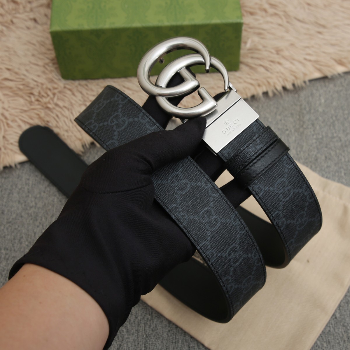 GUCCI.古驰全套包装 PVC面料搭配进口皮底 宽度3.8cm 复古GG旋转扣] 双面可用/可裁剪