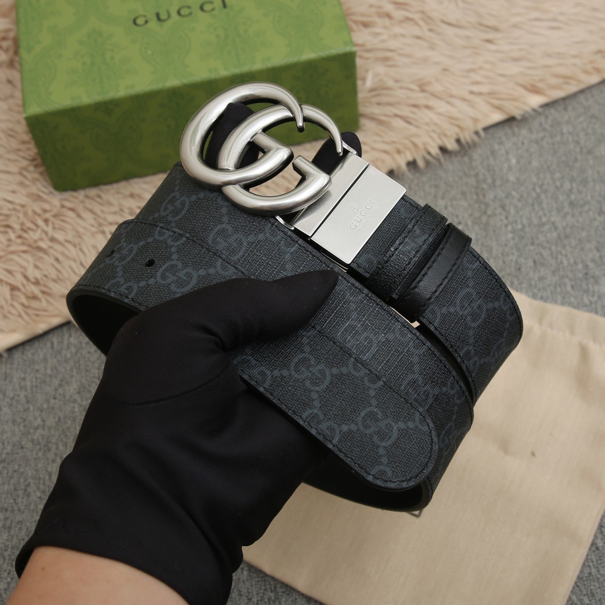 GUCCI.古驰全套包装 PVC面料搭配进口皮底 宽度3.8cm 复古GG旋转扣] 双面可用/可裁剪