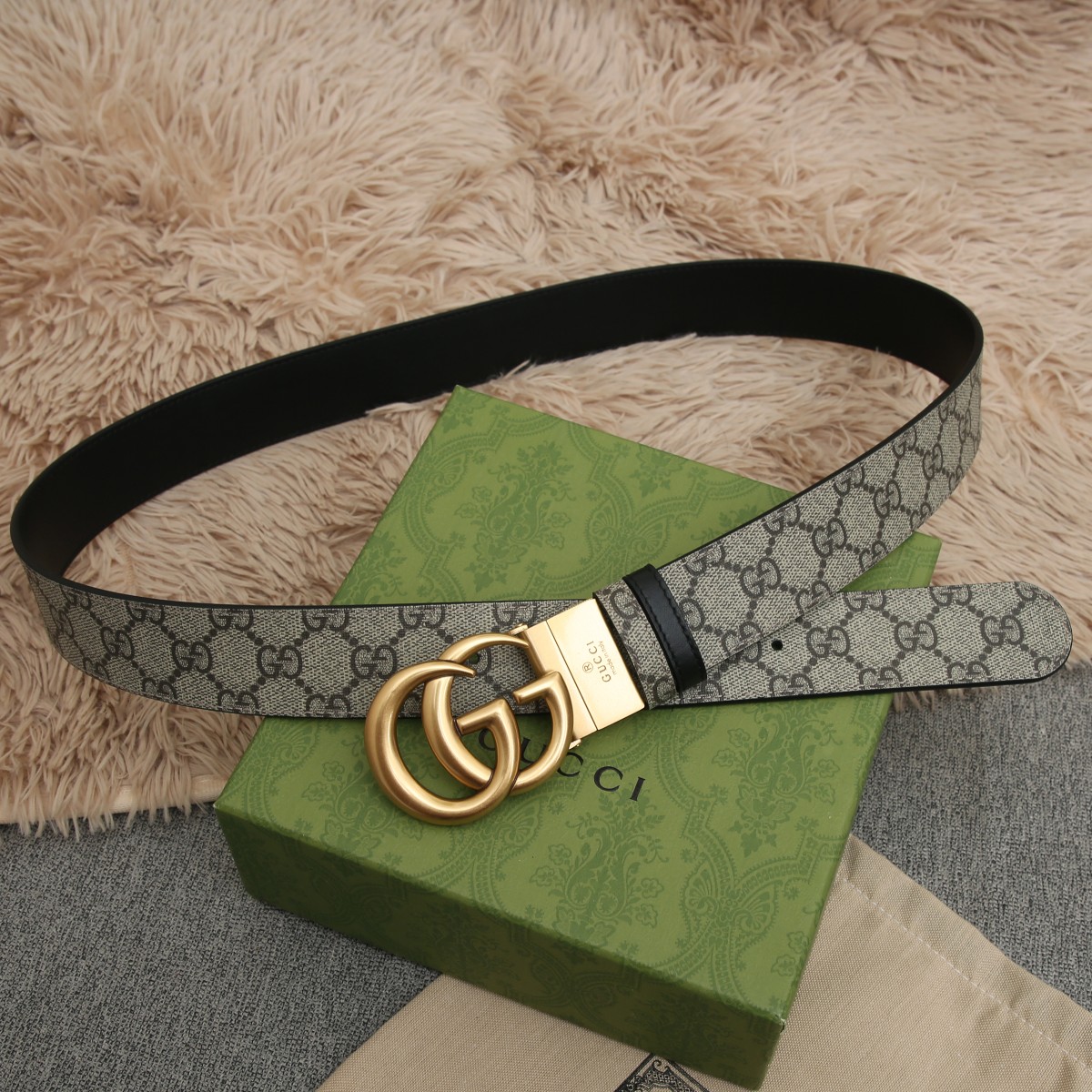 GUCCI.古驰全套包装 PVC面料搭配进口皮底 宽度3.8cm 复古GG旋转扣] 双面可用/可裁剪