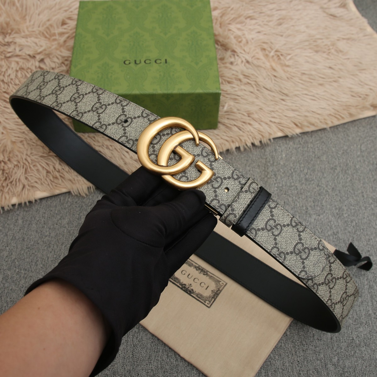 GUCCI.古驰全套包装 PVC面料搭配进口皮底 宽度3.8cm 复古GG旋转扣] 双面可用/可裁剪