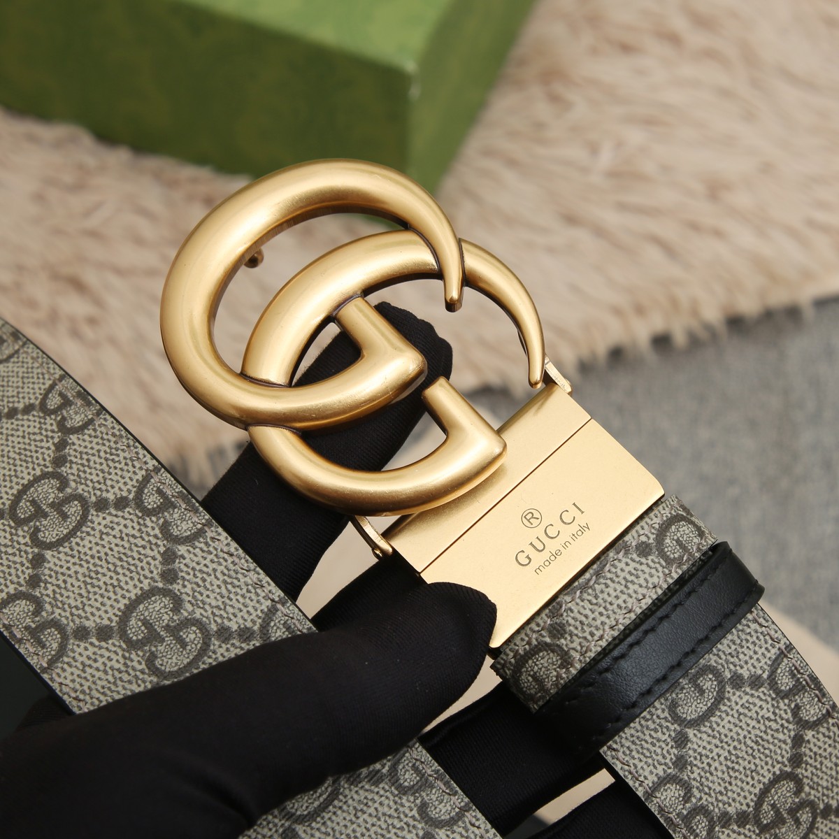 GUCCI.古驰全套包装 PVC面料搭配进口皮底 宽度3.8cm 复古GG旋转扣] 双面可用/可裁剪