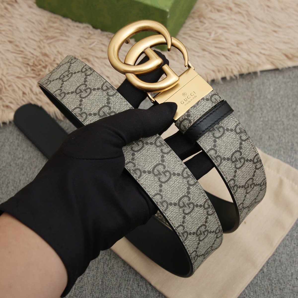 GUCCI.古驰全套包装 PVC面料搭配进口皮底 宽度3.8cm 复古GG旋转扣] 双面可用/可裁剪