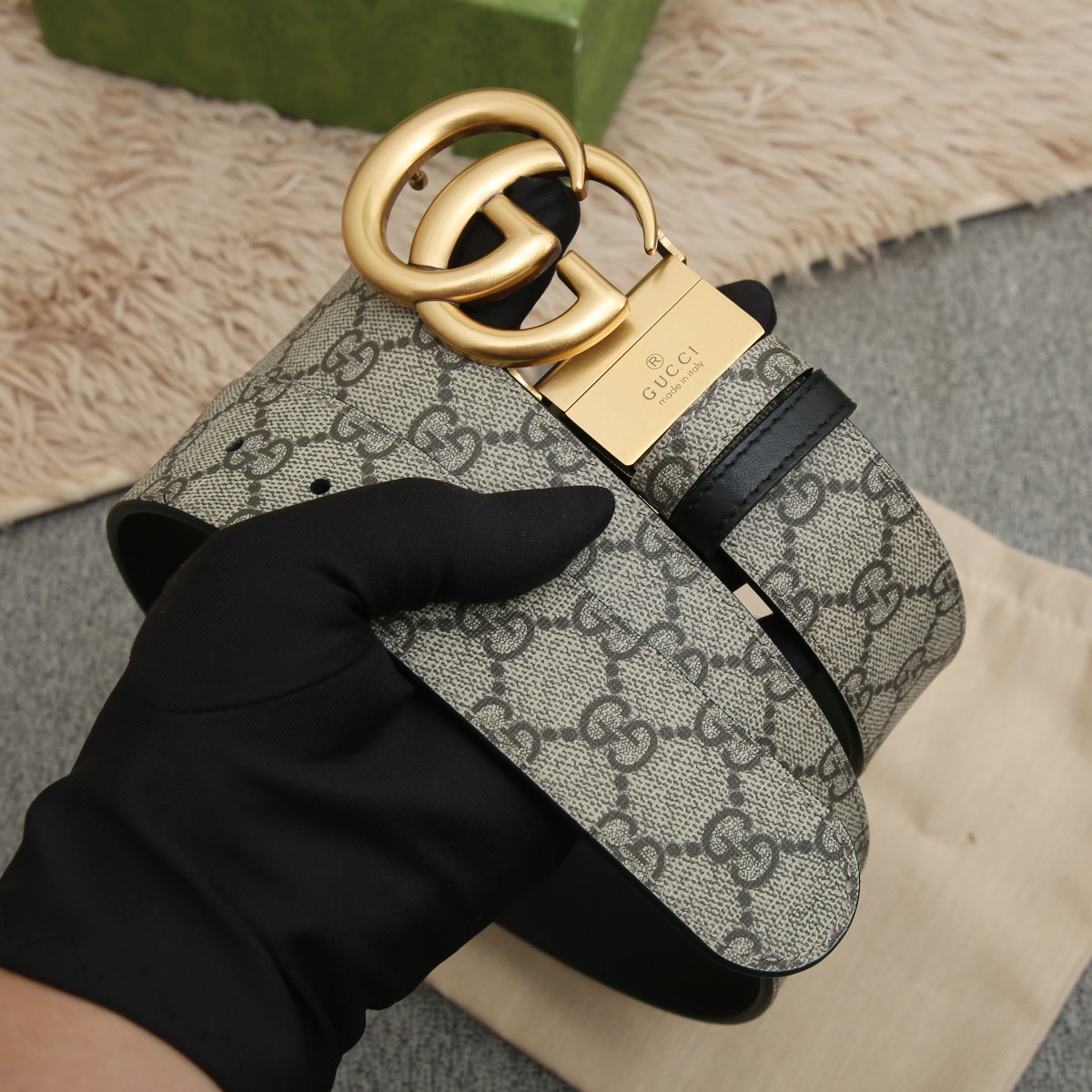 GUCCI.古驰全套包装 PVC面料搭配进口皮底 宽度3.8cm 复古GG旋转扣] 双面可用/可裁剪