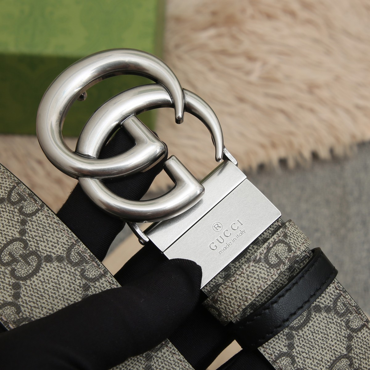 GUCCI.古驰全套包装 PVC面料搭配进口皮底 宽度3.8cm 复古GG旋转扣] 双面可用/可裁剪