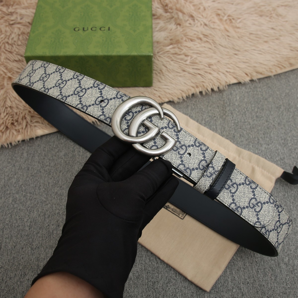 GUCCI.古驰全套包装 PVC面料搭配进口皮底 宽度3.8cm 复古GG旋转扣] 双面可用/可裁剪