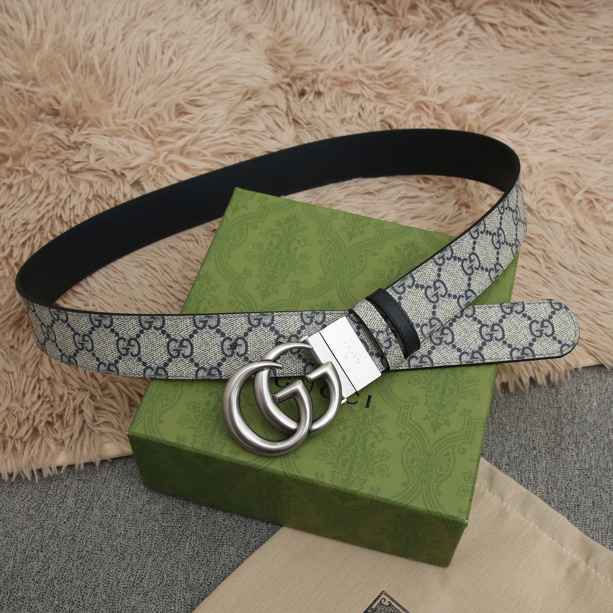 GUCCI.古驰全套包装 PVC面料搭配进口皮底 宽度3.8cm 复古GG旋转扣] 双面可用/可裁剪