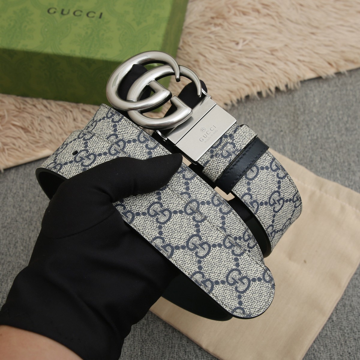 GUCCI.古驰全套包装 PVC面料搭配进口皮底 宽度3.8cm 复古GG旋转扣] 双面可用/可裁剪