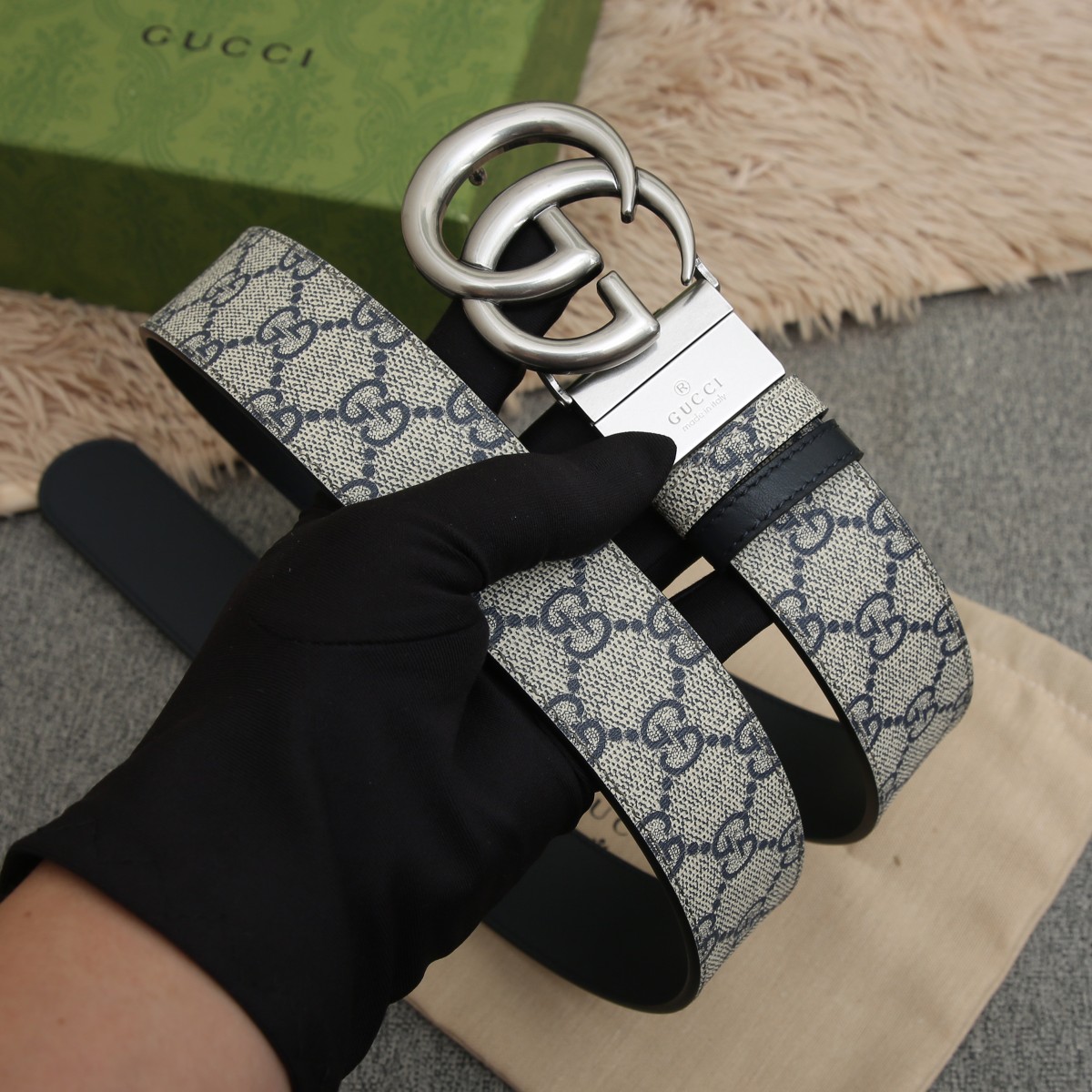 GUCCI.古驰全套包装 PVC面料搭配进口皮底 宽度3.8cm 复古GG旋转扣] 双面可用/可裁剪