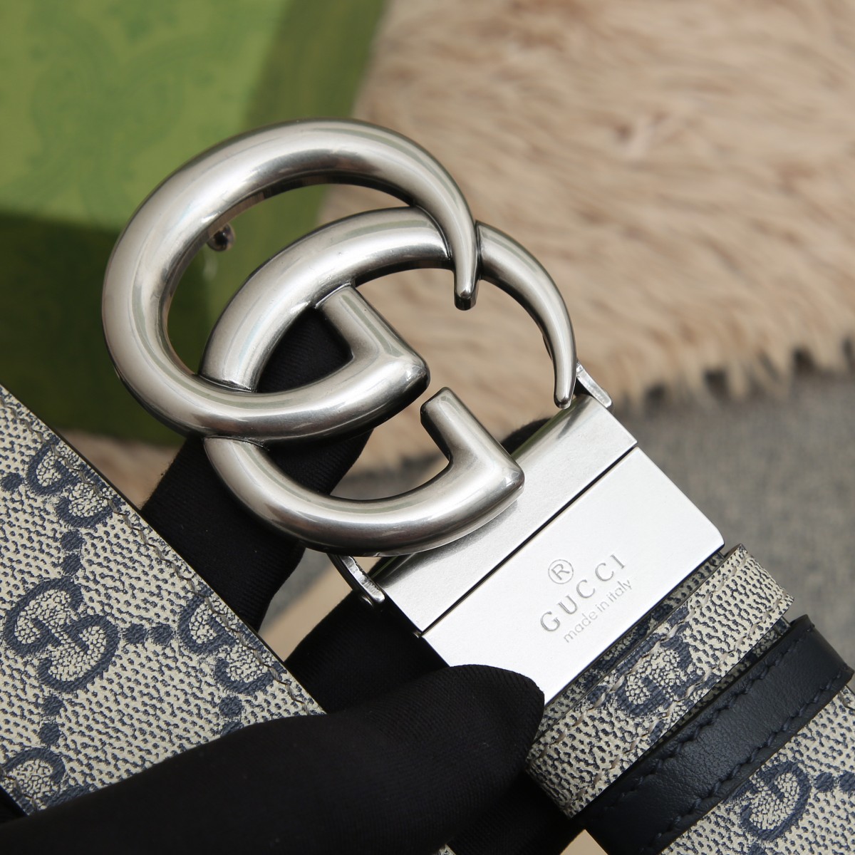 GUCCI.古驰全套包装 PVC面料搭配进口皮底 宽度3.8cm 复古GG旋转扣] 双面可用/可裁剪