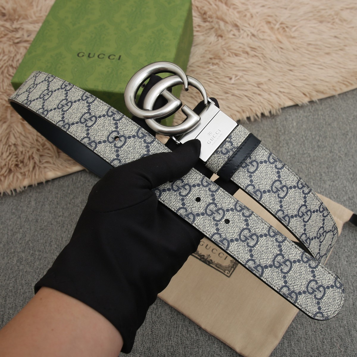 GUCCI.古驰全套包装 PVC面料搭配进口皮底 宽度3.8cm 复古GG旋转扣] 双面可用/可裁剪