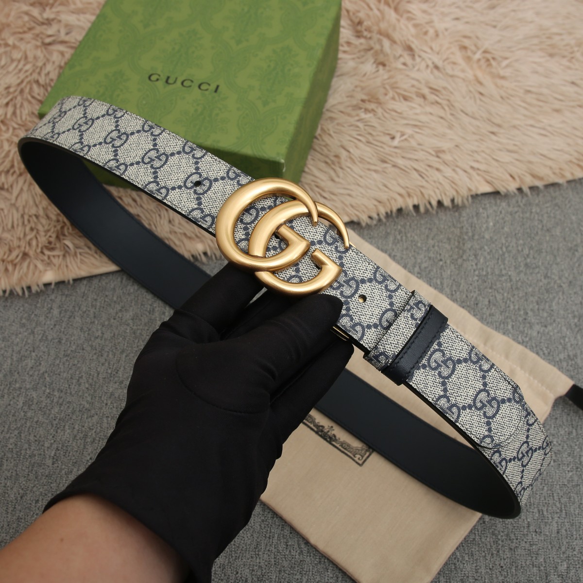 GUCCI.古驰全套包装 PVC面料搭配进口皮底 宽度3.8cm 复古GG旋转扣] 双面可用/可裁剪