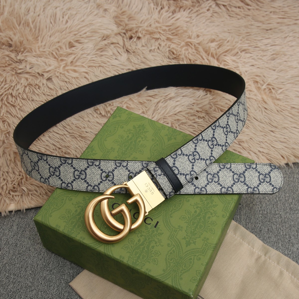 GUCCI.古驰全套包装 PVC面料搭配进口皮底 宽度3.8cm 复古GG旋转扣] 双面可用/可裁剪