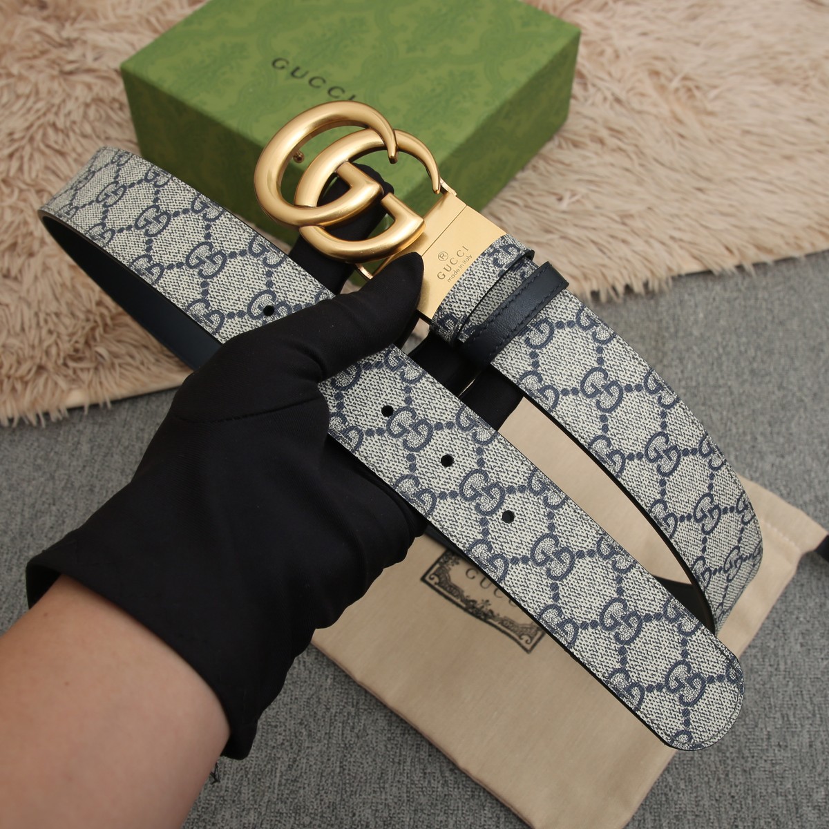 GUCCI.古驰全套包装 PVC面料搭配进口皮底 宽度3.8cm 复古GG旋转扣] 双面可用/可裁剪