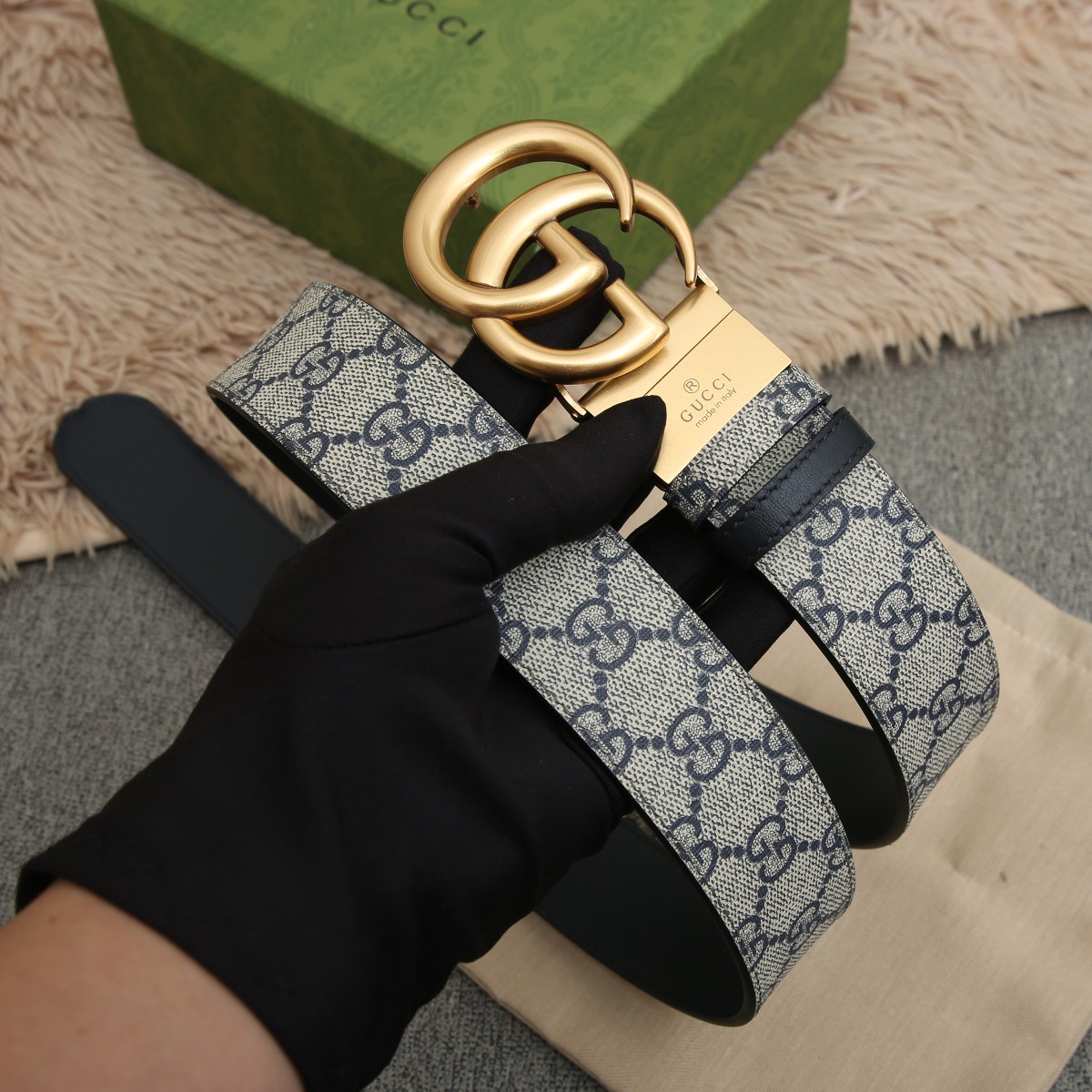 GUCCI.古驰全套包装 PVC面料搭配进口皮底 宽度3.8cm 复古GG旋转扣] 双面可用/可裁剪