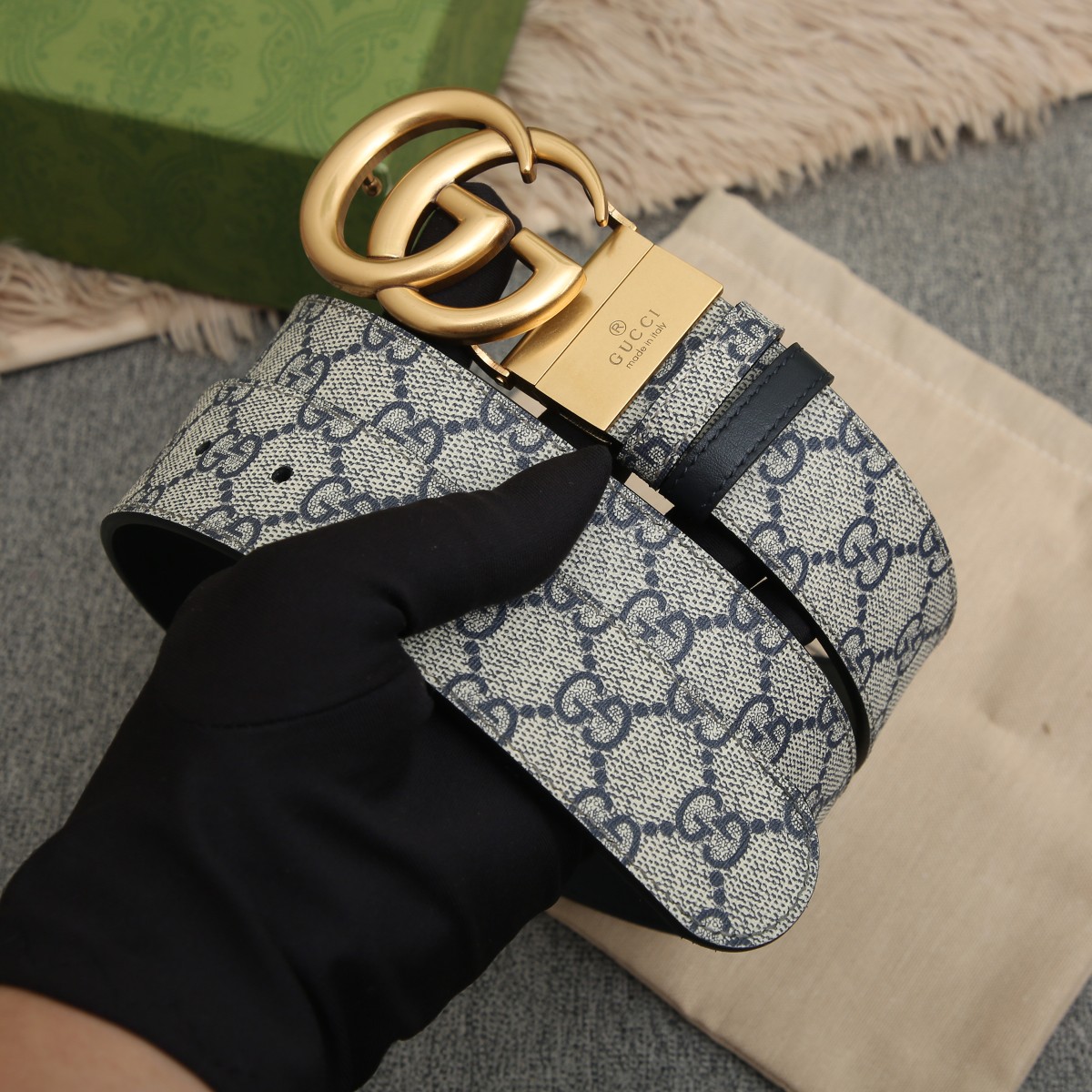 GUCCI.古驰全套包装 PVC面料搭配进口皮底 宽度3.8cm 复古GG旋转扣] 双面可用/可裁剪