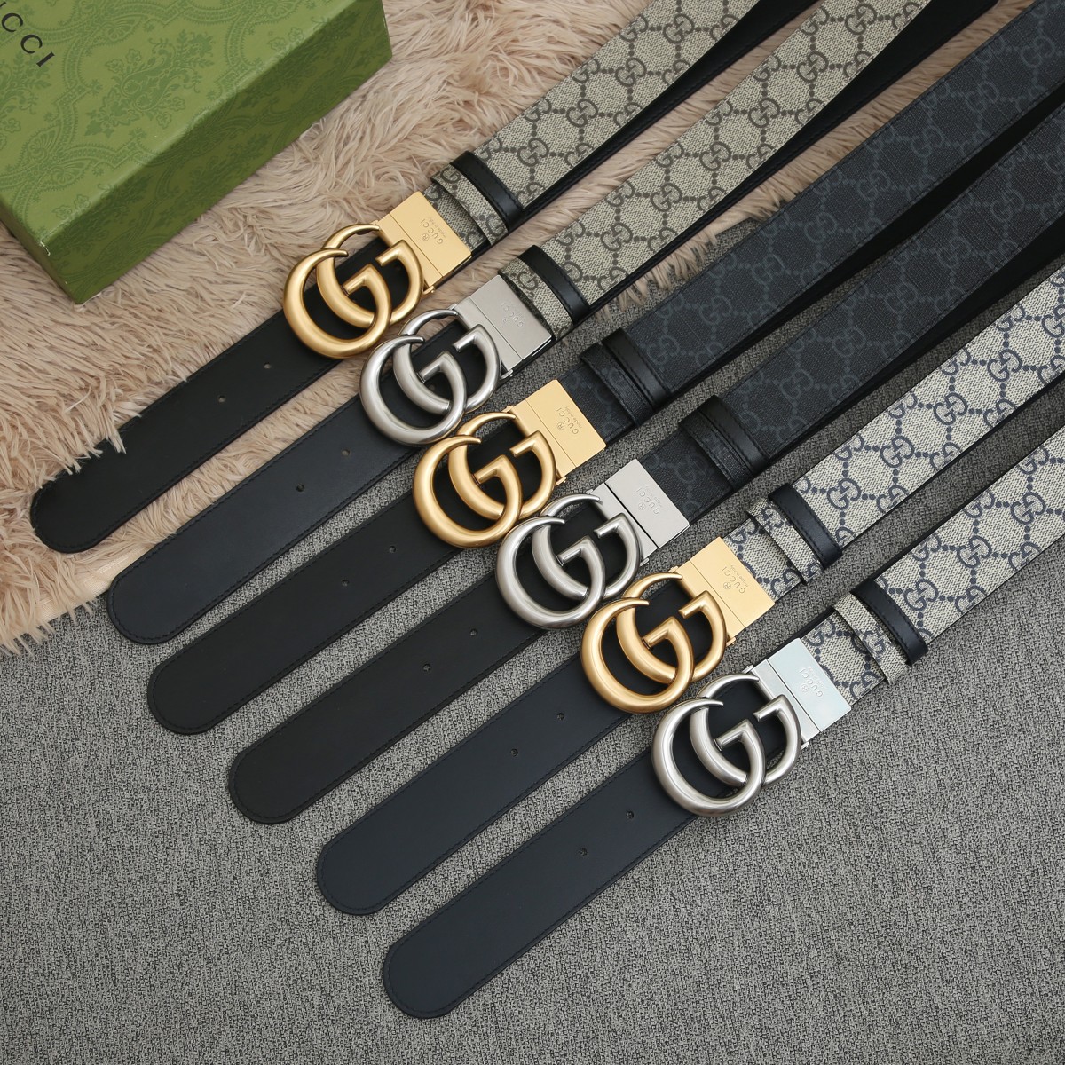 GUCCI.古驰全套包装 PVC面料搭配进口皮底 宽度3.8cm 复古GG旋转扣] 双面可用/可裁剪