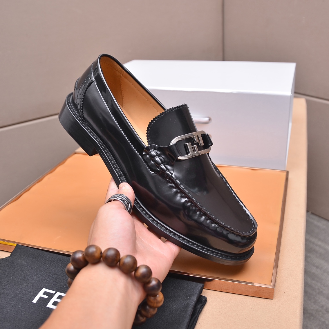 Fendi Men's Leather Loafers with Metal Logo, Italian Leather, Formal Shoes 6 i1663522396 4978 4