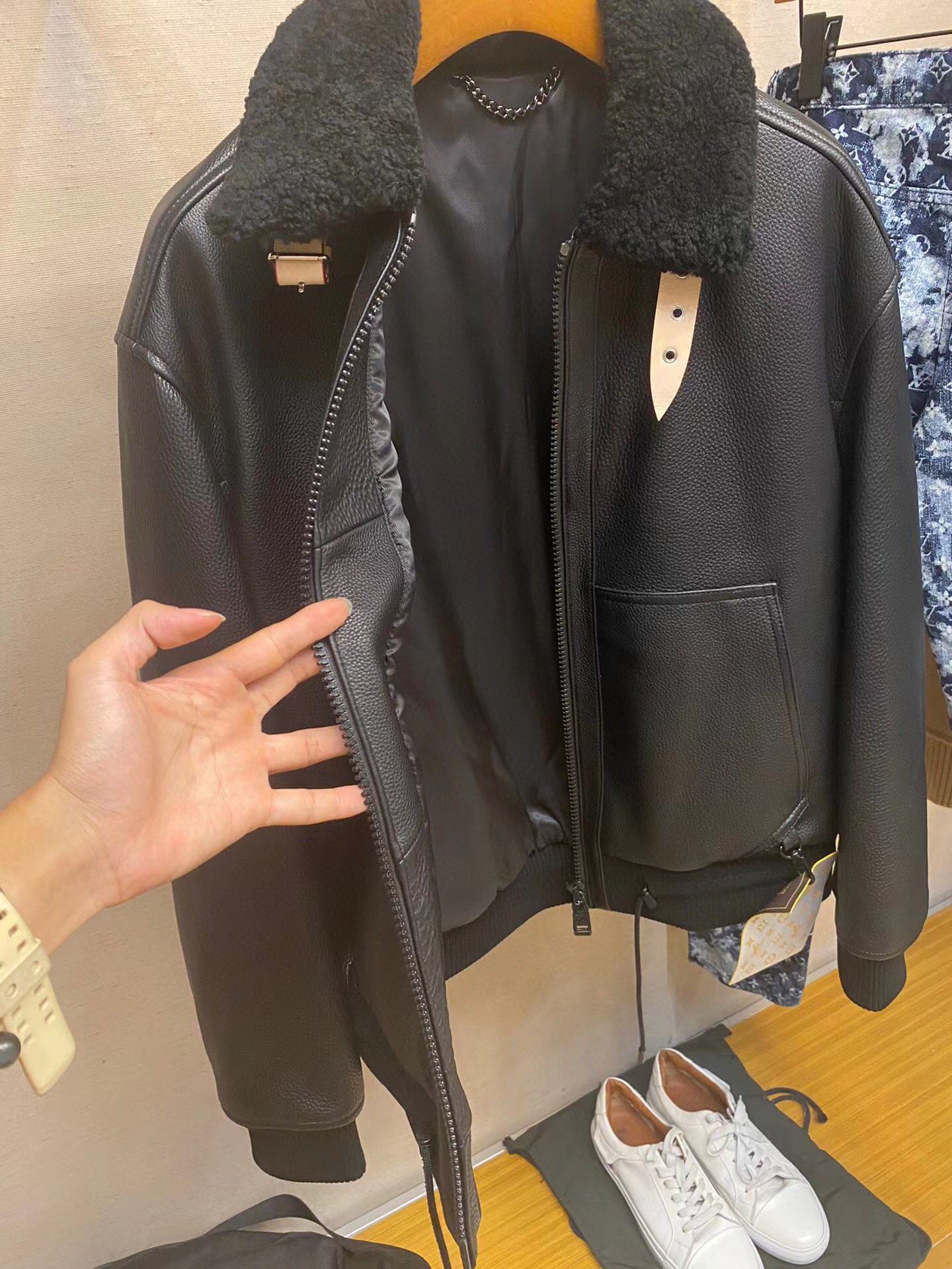 🌟🌟1V男士羊羔毛领短款荔枝纹牛皮机车皮衣外套夹克