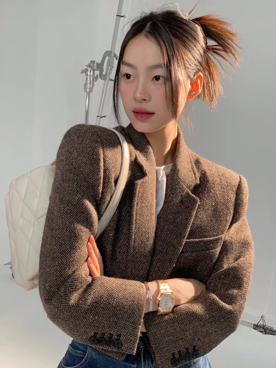 2022ysl棕色毛呢西装外套