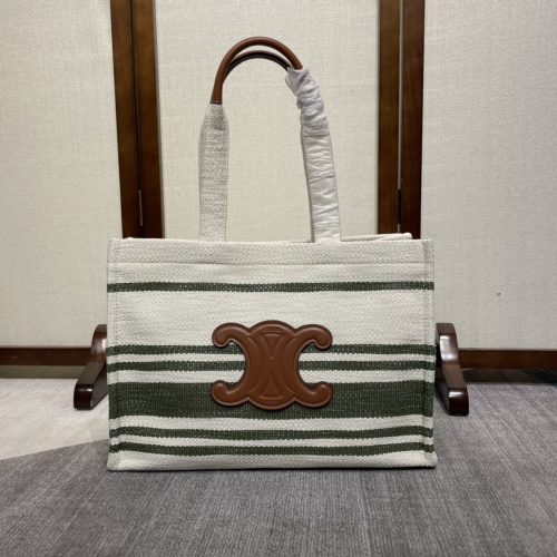 Celine Cabas Thais Large Tote Bag in Striped Textile with Leather Trim