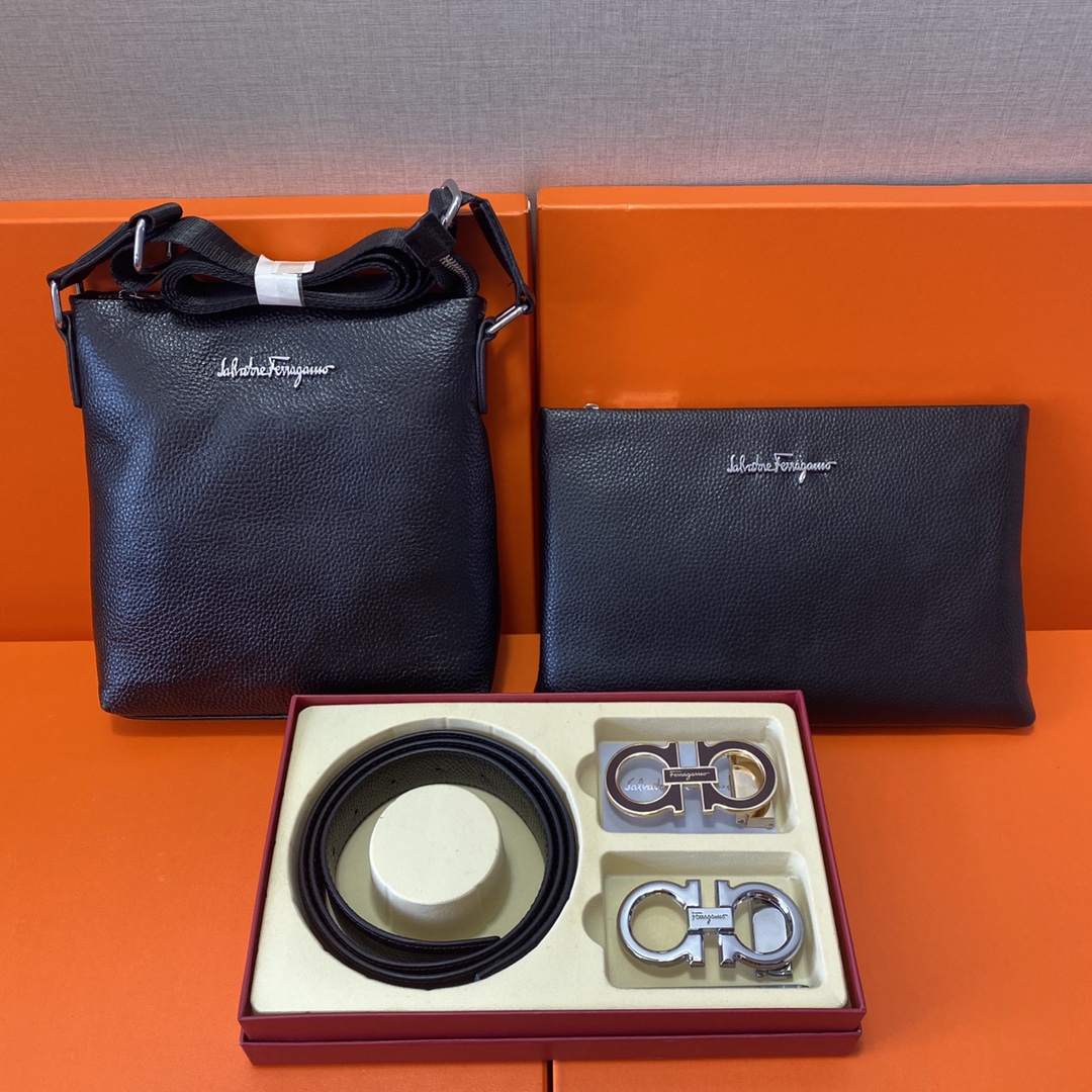 J0 Ferragamo 菲拉格慕  头层皮质组合礼盒包装腰带俩款包包超级组合 公文包包是很实用的选择.手提包日常是非常适合的. 双扣皮带：头层皮质带身搭配3.5cm广州原版扣 尺寸菲拉格慕斜挎包：长20cm宽4cm高22cm\r  菲拉格慕手提包：长26cm宽2cm高17cm
