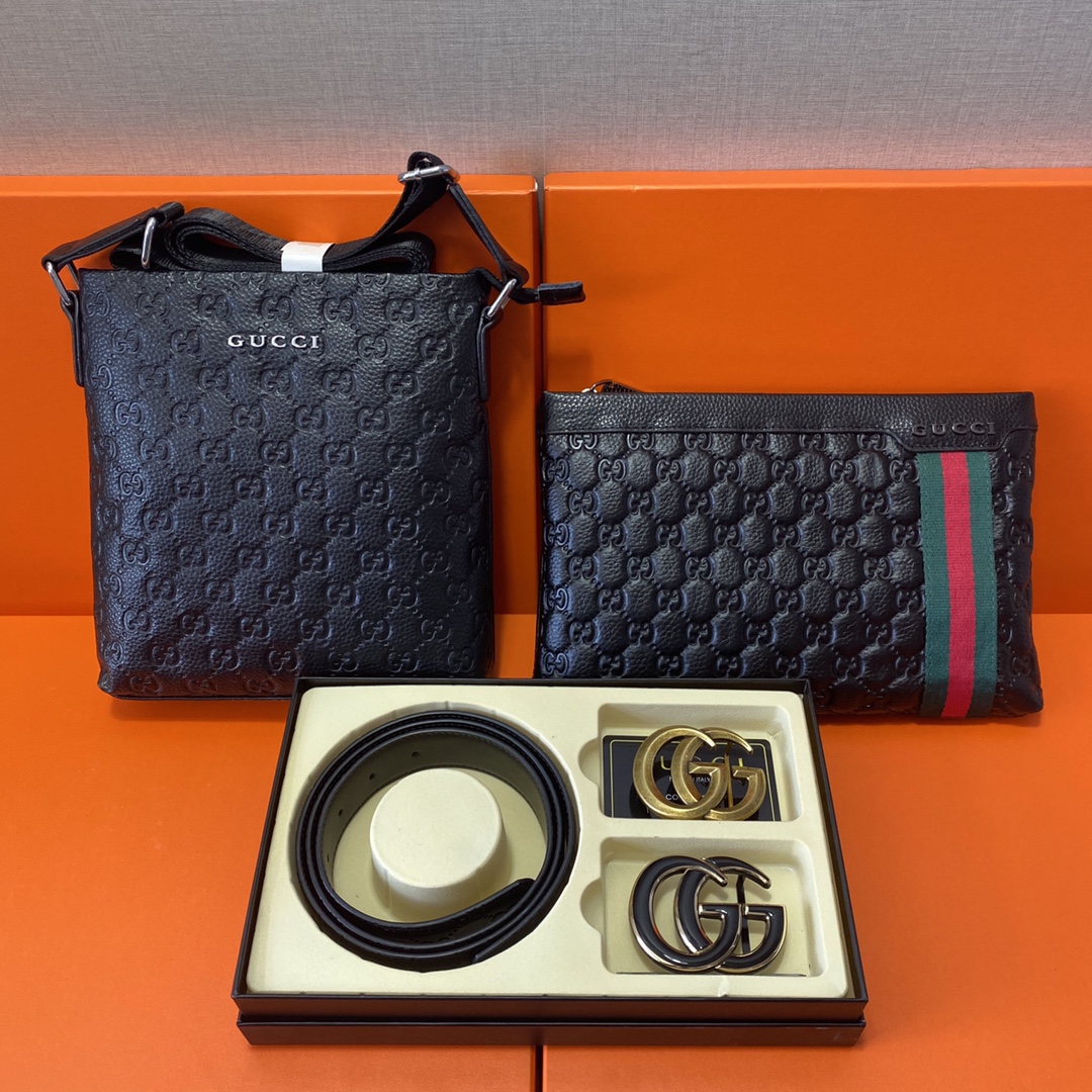 J0 古驰Gucci 头层皮质组合礼盒包装腰带俩款包包超级组合 公文包包是很实用的选择.手提包日常是非常适合的. 双扣皮带：头层皮质带身搭配3.8cm广州原版扣头 尺寸古驰斜挎包：长20cm宽4cm高22cm\r  古驰手提包：长26cm宽2cm高16cm