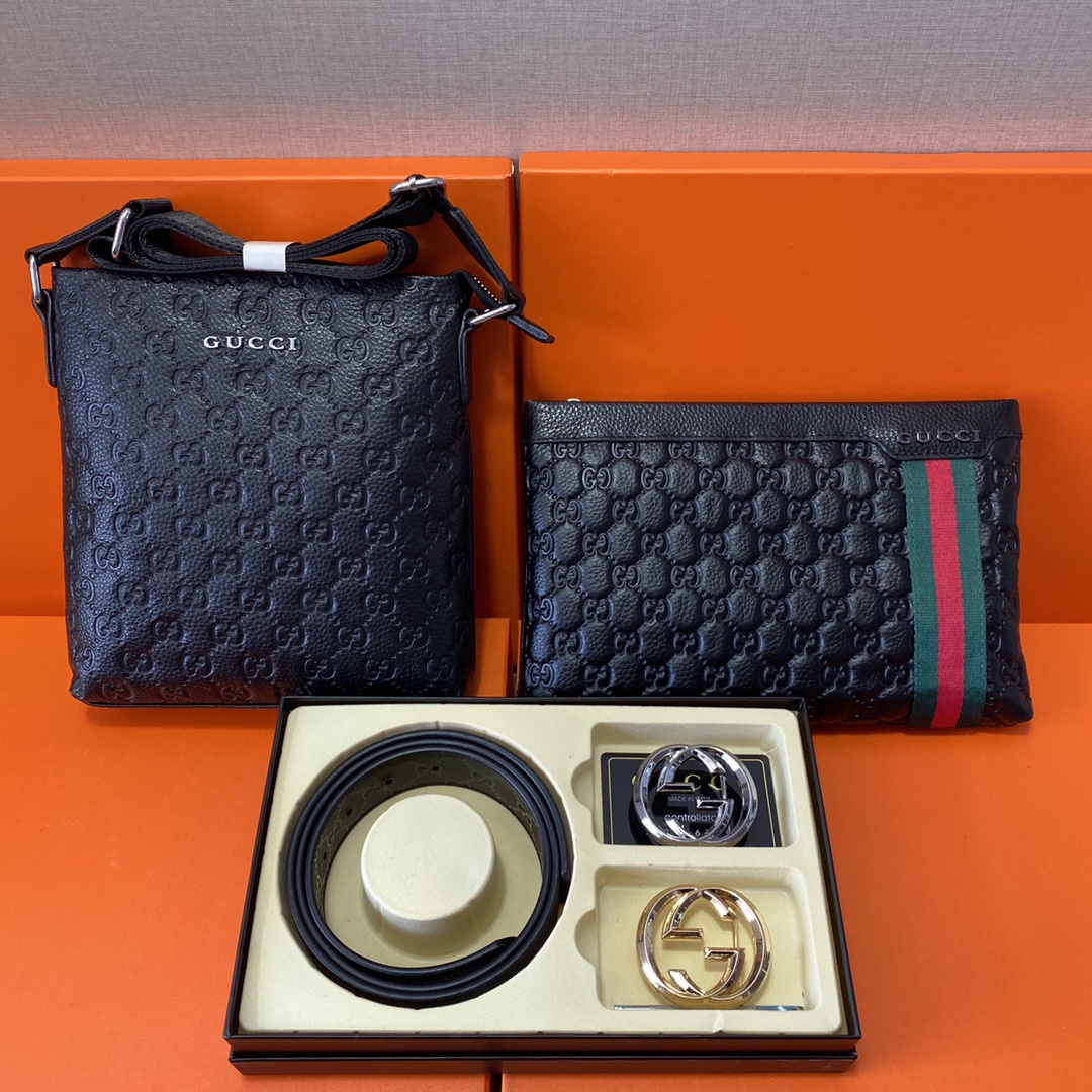 J0 古驰Gucci 头层皮质组合礼盒包装腰带俩款包包超级组合 公文包包是很实用的选择.手提包日常是非常适合的. 双扣皮带：头层皮质带身搭配3.8cm广州原版扣头 尺寸古驰斜挎包：长20cm宽4cm高22cm\r  古驰手提包：长26cm宽2cm高16cm