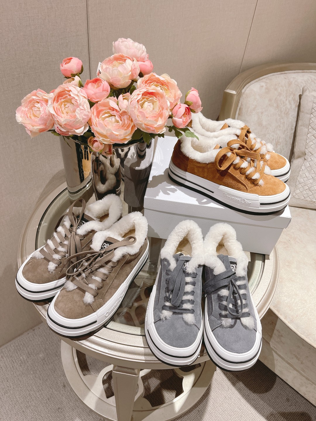 Designer Fashion Replica
 Dior Casual Shoes Apricot Color Brown Grey Frosted Genuine Leather Wool Winter Collection Low Tops