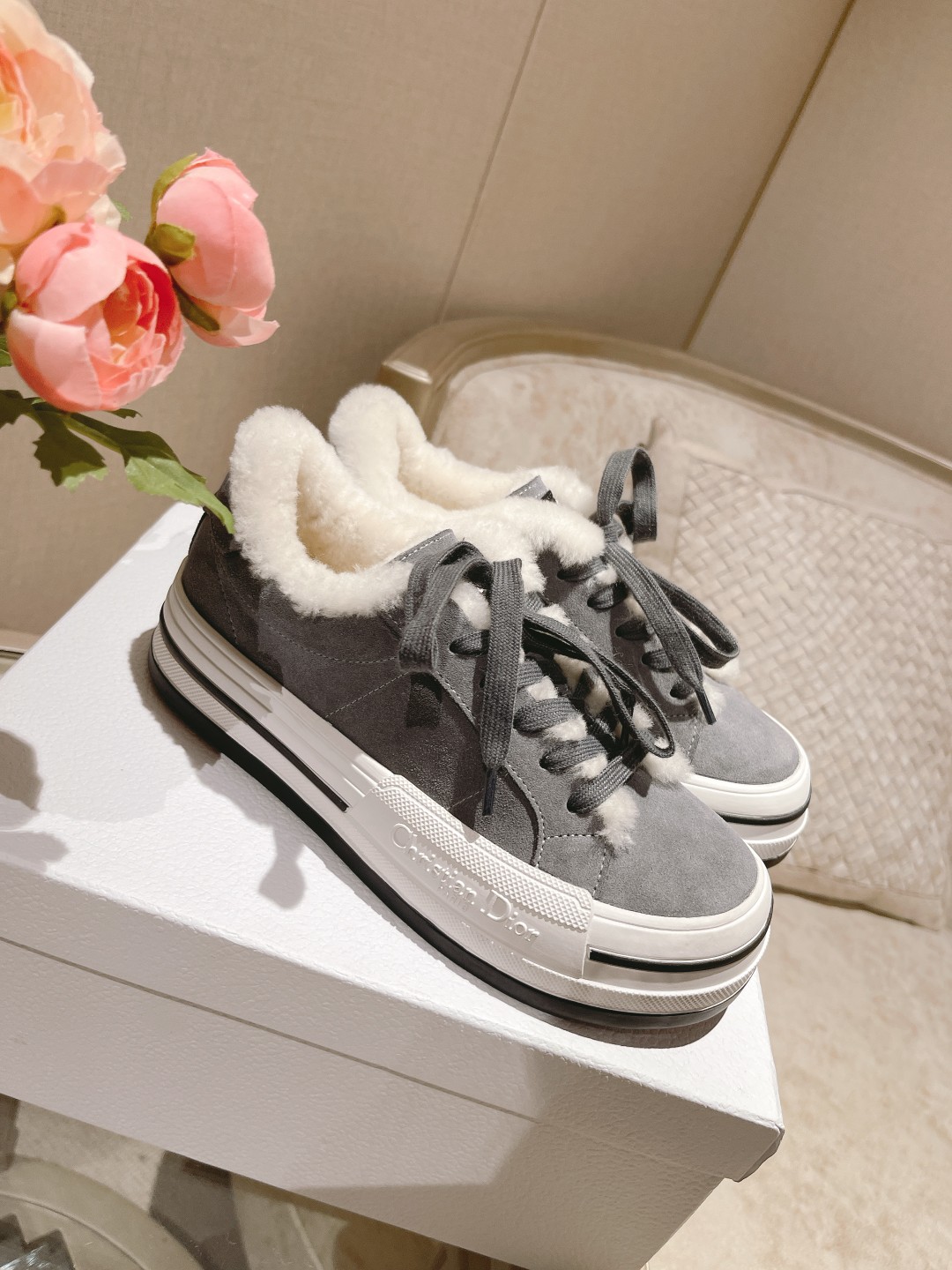 Dior Casual Shoes Apricot Color Black Brown Grey Frosted Genuine Leather Wool Winter Collection Fashion Low Tops