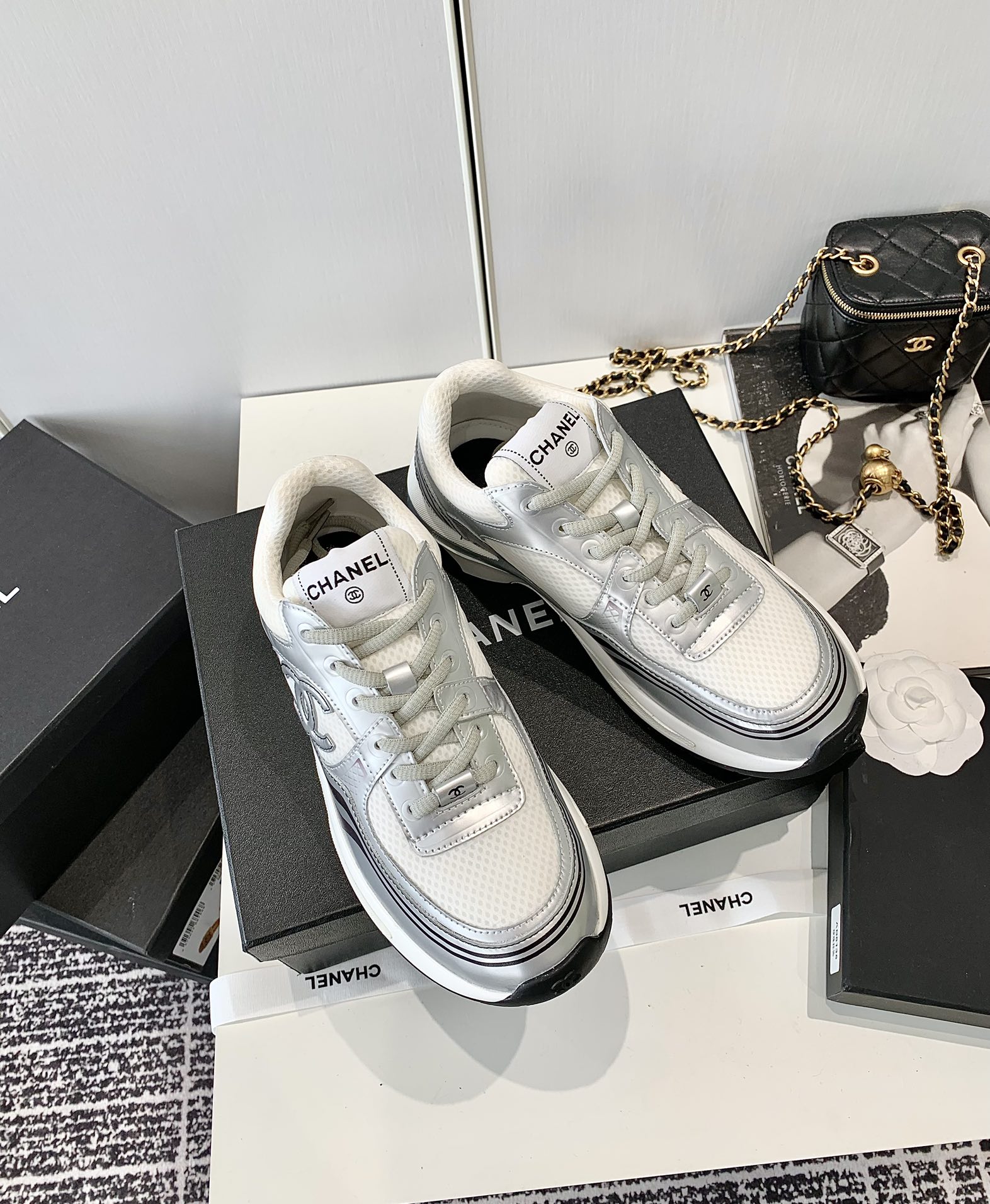 Chanel Shoes Sneakers Gold Silver Cowhide TPU Sweatpants